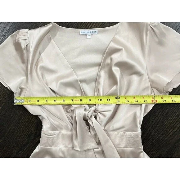 Baltic Born Poppy Satin Midi Dress XS Knot Front Flutter Sleeve Champagne Tie - Picture 9 of 11